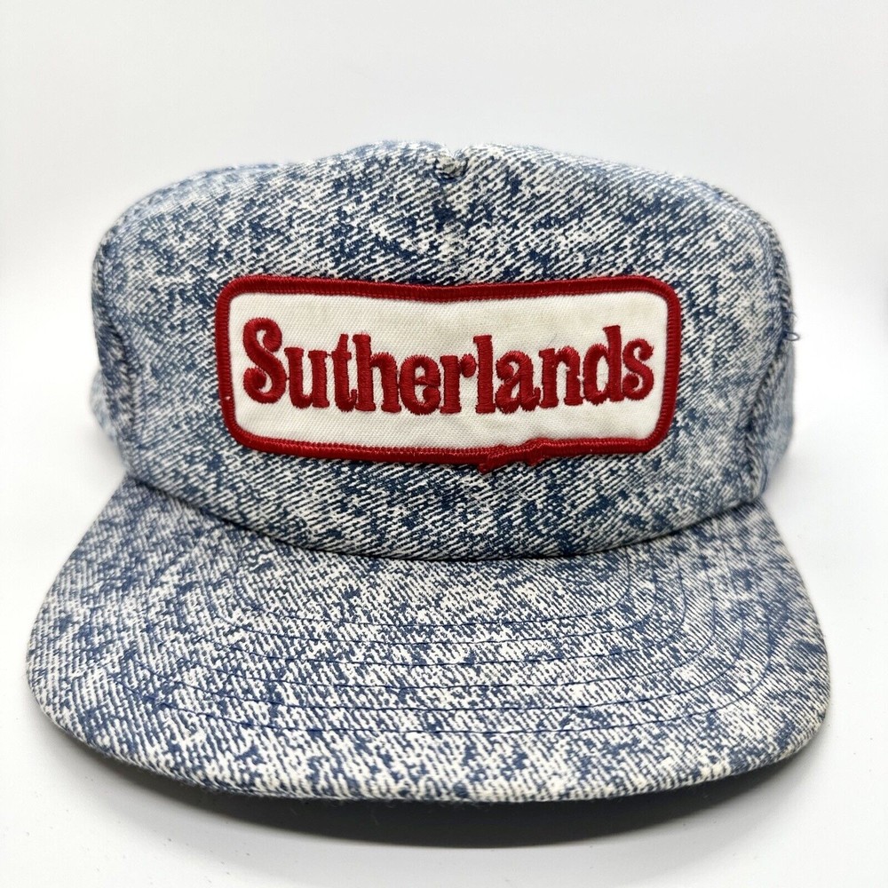 Vtg Sutherlands Stonewashed Denim Blue Patch Hat Red & White Patch